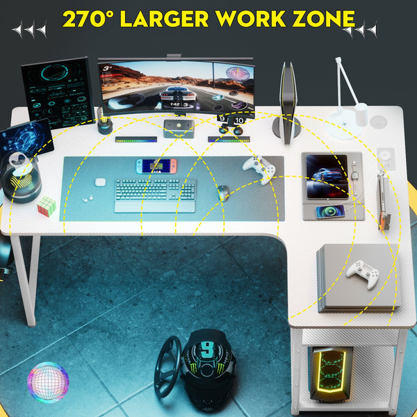 L Shaped Gaming Desk with Power Outlets Corner Computer Desk 110x80CM with Shelves Headphone Hook PC Table Workstation for Home Office Bedroom