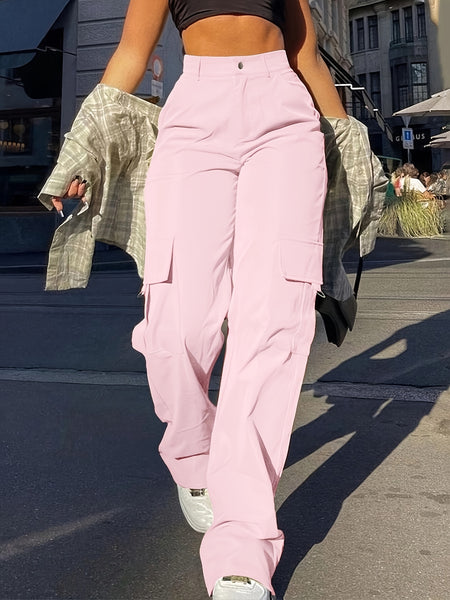 Flap Pocket Solid Color Cargo Pants, Y2K Slant Pocket Button Front Every Day Pants, Women's Clothing