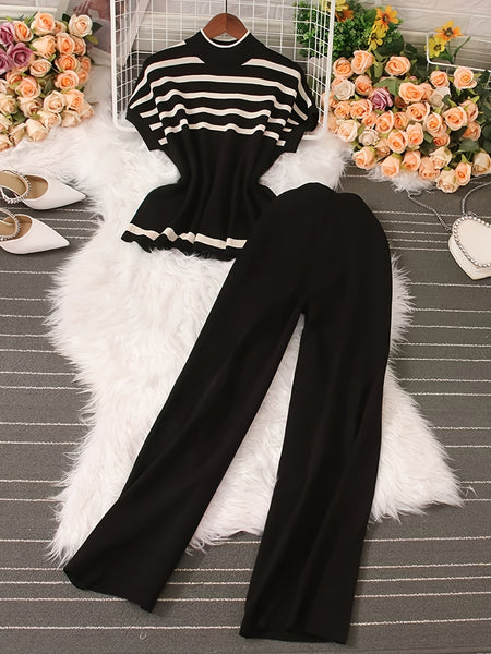 Spring/Summer Women's Fashion Set: Simple High-End Striped Vest Top + Fashionable Loose Wide-Leg Pants, Striped Color-Block Casual Outfit