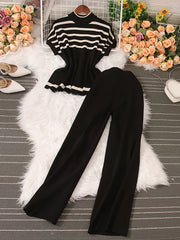 Spring/Summer Women's Fashion Set: Simple High-End Striped Vest Top + Fashionable Loose Wide-Leg Pants, Striped Color-Block Casual Outfit