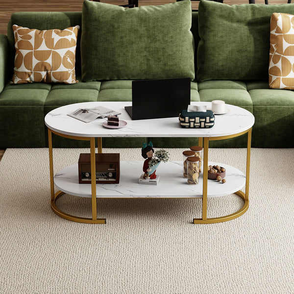 GYMAX White Faux Marble Coffee Table, 2-Tier Modern Oval Center Table with Open Storage Shelf, Gold Metal Frame Cocktail Table for Living Room, Bedroom