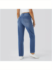 [Stretch High Waist Jeans] Stretch High Waist Multi-Pocket Straight Leg Jeans | Water-Washed Casual Pants, Machine Washable Solid Color Elegant Comfort for Spring/Summer