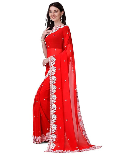 Estationeryhouse Women's Georgette Embroidery Border Work Designer Saree with Blouse Piece