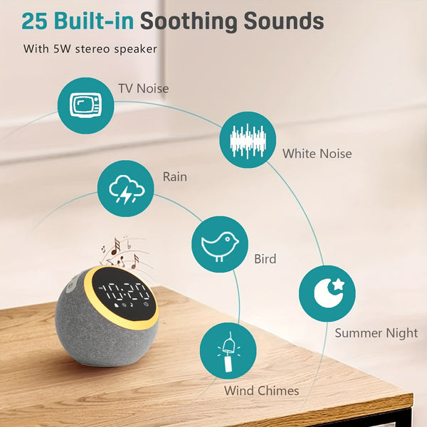 White Noise Sound Machine - With Nightlight & Alarm Clock - 25 Soothing Sounds, 16 Levels Adjustable Volume, Timer Therapy, Sleep Aid - Ideal For Sleep, Relaxation, Focus, Dimmable Night Light Alarm Clock For Bedroom