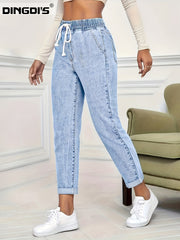 Ladies' 2026 New Elastic Waist Drawstring Slim-Fit Nine-Point Jeans, Acid-Washed Light Blue Rolled Hem Straight-Leg Denim Pants, Elegant Women'S Clothing, Tapered Pants Suitable for All Seasons, Pocketed Mom Jeans