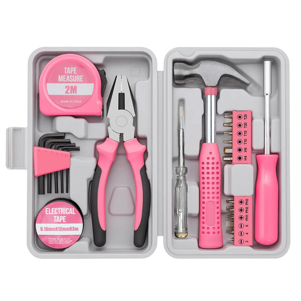 Pink Home Repair Tool Kit - Portable Hand Tool Set with Hammer, Vise, Wrenches, Screwdrivers & More - Ideal for DIY Projects & Emergency Car Maintenance - Perfect Christmas Gift for Women, DIY Tool Kit | Stylish Pink Tools | Organized Tool Storage