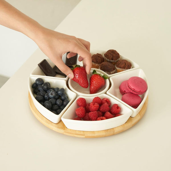 Christmas Divided tray as condiment bowl & snack platter, white buffet set for parties Rotating Snack Tray with 6 Removable Bowls Ceramic Divided Rotating Ceramic Serving Platter with Cover, Lazy Susan Storage Box for Taco Toppings, Snacks, Dip Sauces, Ki