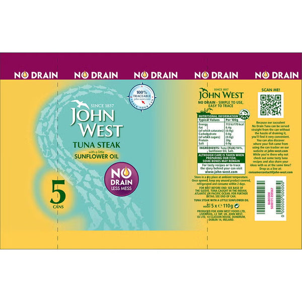 John West No Drain Tuna Steak in Sunflower Oil, 5 X 110G