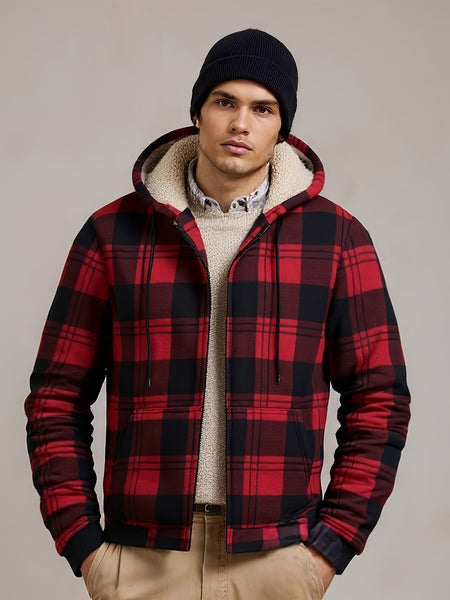 Men's Heavyweight -Lined Hooded Jacket - Full-Zip Plaid Thickened Shirt with Pockets and Adjustable Drawstring, Comfortable and Warm for Autumn and Winter