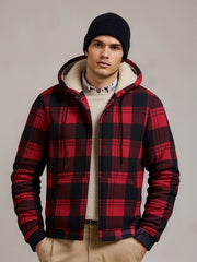 Men's Heavyweight -Lined Hooded Jacket - Full-Zip Plaid Thickened Shirt with Pockets and Adjustable Drawstring, Comfortable and Warm for Autumn and Winter