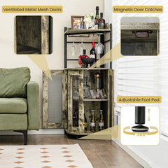 GOFLAME Corner Bar Cabinet Industrial Wine Buffet Cabinet with Glass Holder Mesh Doors