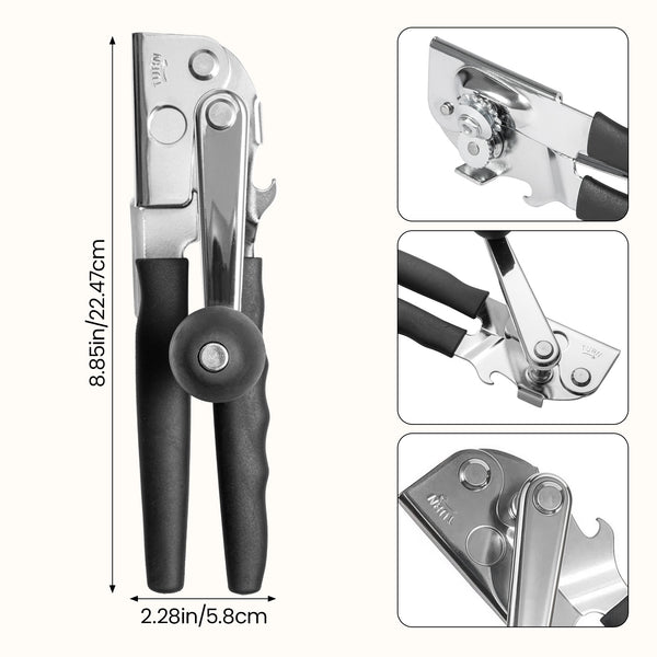 Multi-functional manual can opener stainless steel can and bottle opener in one non-slip labor-saving handle safe and without sharp edges suitable for kitchen tools for cans and bottle caps.
