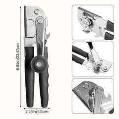 Multi-functional manual can opener stainless steel can and bottle opener in one non-slip labor-saving handle safe and without sharp edges suitable for kitchen tools for cans and bottle caps.