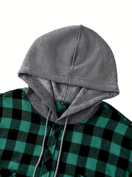 2pcs Men's New York Fashion Trendy Plaid Shirt Hoodie, Plaid Pullover Sweatshirt Flannel Hoodie