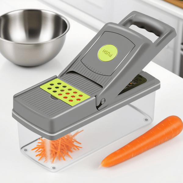 Multi-Purpose 14-in-1 Vegetable Chopper, Slicer, Dicer, and Grater, Kitchen Food Cutter for Onion, Tomato, Cucumber, Carrot, and More, Easy to Use and Clean, Gray