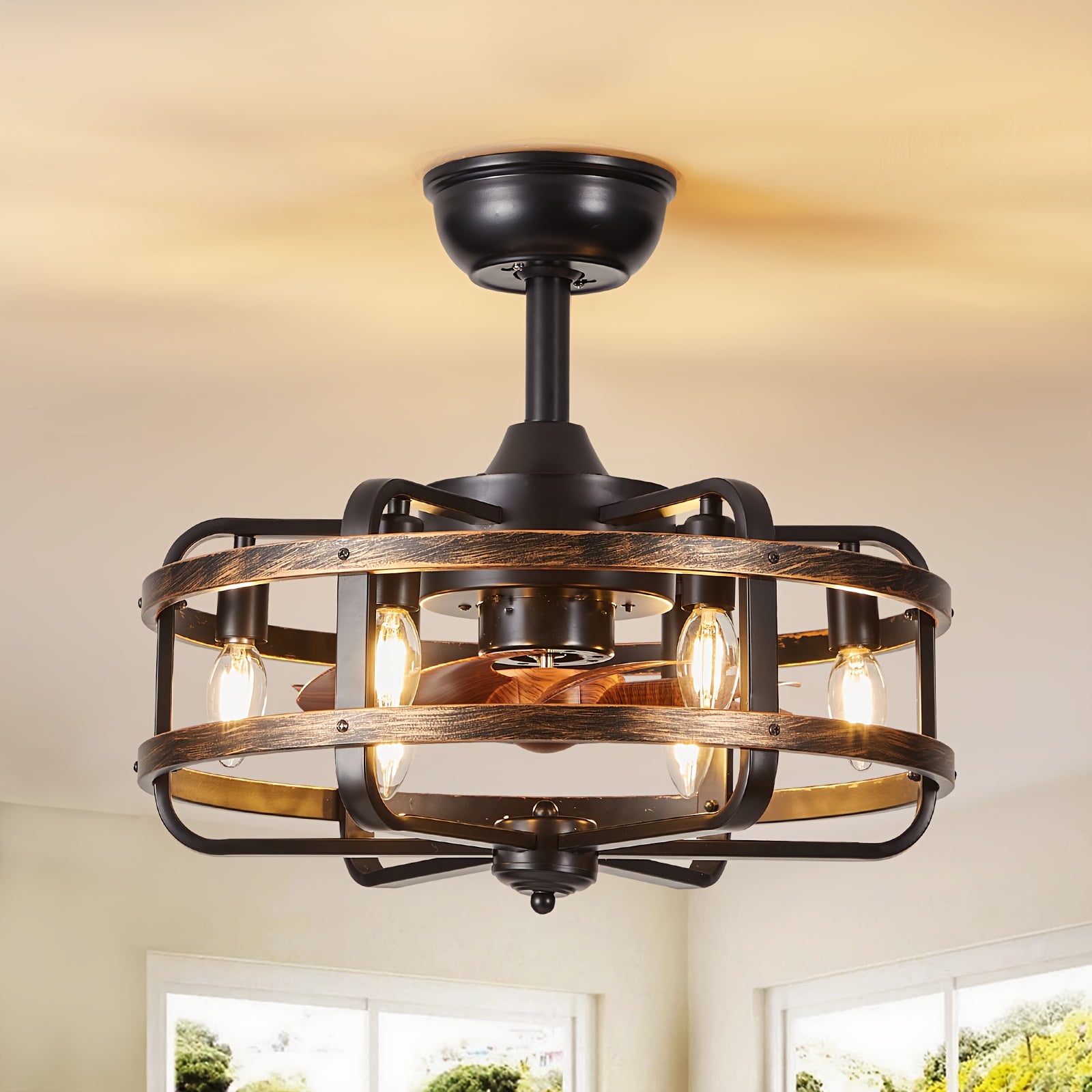 Caged Ceiling Fans with Lights, 50.8 cm Rustic Industrial Flush Mount Ceiling Fan Light, 3-Speed Quiet Reversible Motor, E14 X 6 Base Timing Fandelier Ceiling Fans for Indoor Bedroom, Kitchen, Living Room