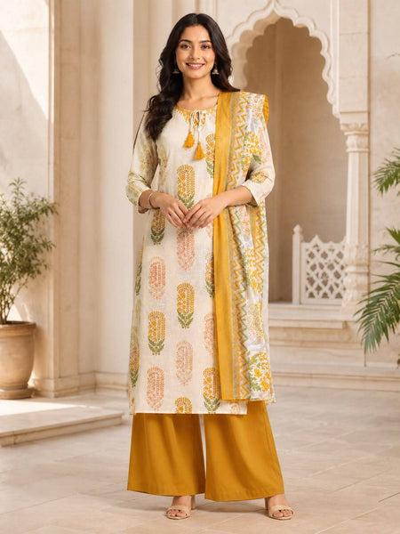 TeamWear* Women'S Cotton Embroidered Printed Kurta with palazzo & Dupatta Set with lace