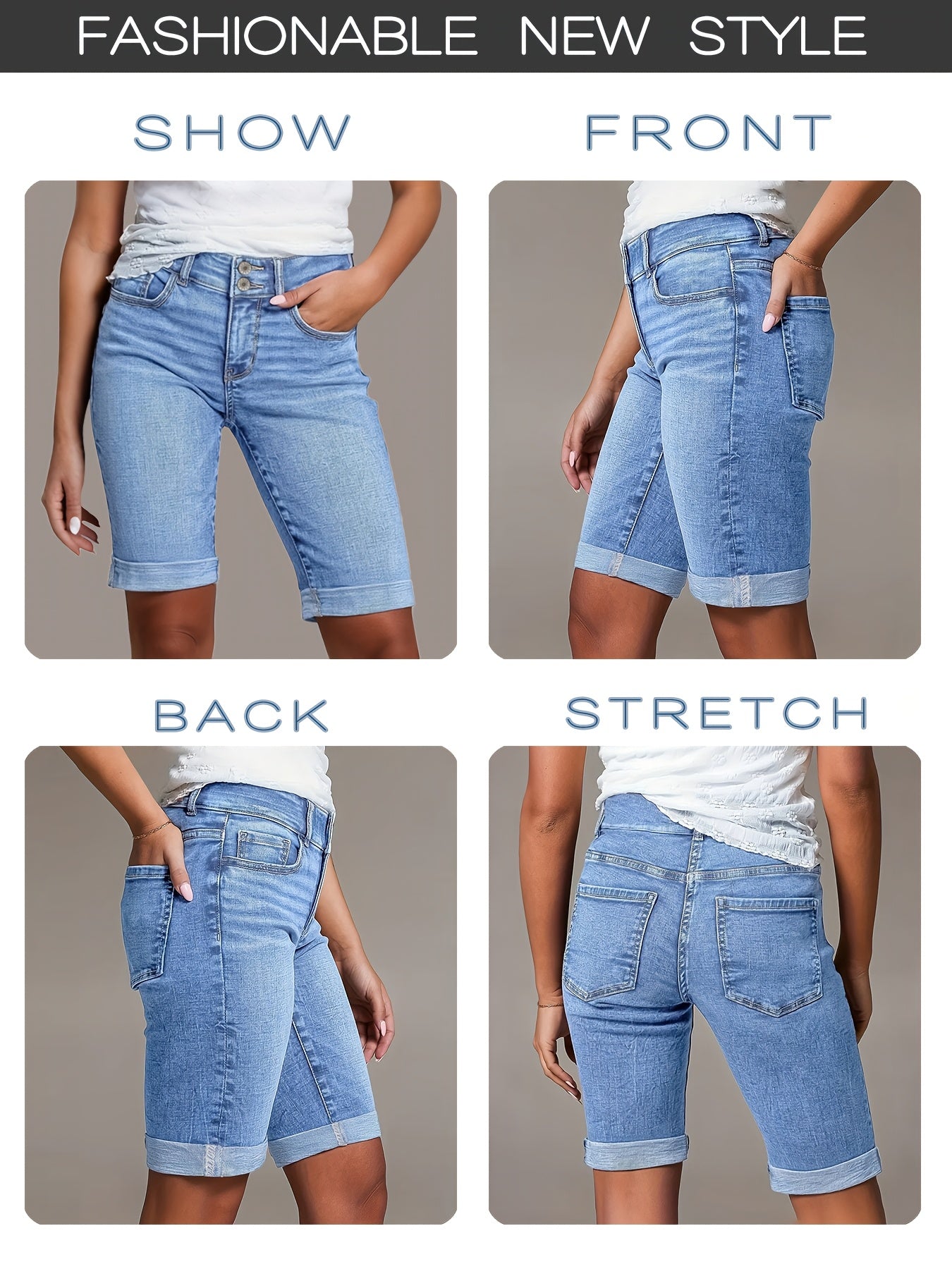 Women'S 2026 Summer New Stretchy High-Waisted Tummy Control Denim Shorts, Light Blue Washed with Pockets Slim-Fit Cuffed Casual Shorts, Comfortable Spring/Summer Ladies' Jeans Pants for Travel And Work - Boyfriend-Style Shorts