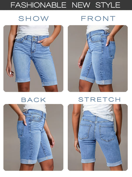 Women'S 2026 Summer New Stretchy High-Waisted Tummy Control Denim Shorts, Light Blue Washed with Pockets Slim-Fit Cuffed Casual Shorts, Comfortable Spring/Summer Ladies' Jeans Pants for Travel And Work - Boyfriend-Style Shorts