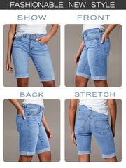 Women'S 2026 Summer New Stretchy High-Waisted Tummy Control Denim Shorts, Light Blue Washed with Pockets Slim-Fit Cuffed Casual Shorts, Comfortable Spring/Summer Ladies' Jeans Pants for Travel And Work - Boyfriend-Style Shorts