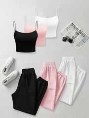 6pcs Women'S Casual Short Camisole And Elastic Waist Pocket Work Pants Set for Spring And Summer, Solid Color Everyday Outfit