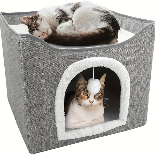1 Luxury Cat House, Double-Decker Cat Bed with Fluffy Balls And Scratchboards - Foldable, Closed Cat Villa, Suitable for Indoor Cats And Small Dogs, Comfortable All Season, Soft Fabric, Cat House Villa; Modern Cat Bed; Durable Cat Bed, Cat Furniture
