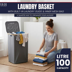 LKH Laundry Basket with Lid 100 litre | 600D Polyester Clothes Hamper for Laundry with Bamboo handles, Laundry Guide & Inner Mesh Bag | 44x33x70cm Laundry Basket Organizer for Dorm Laundry Room
