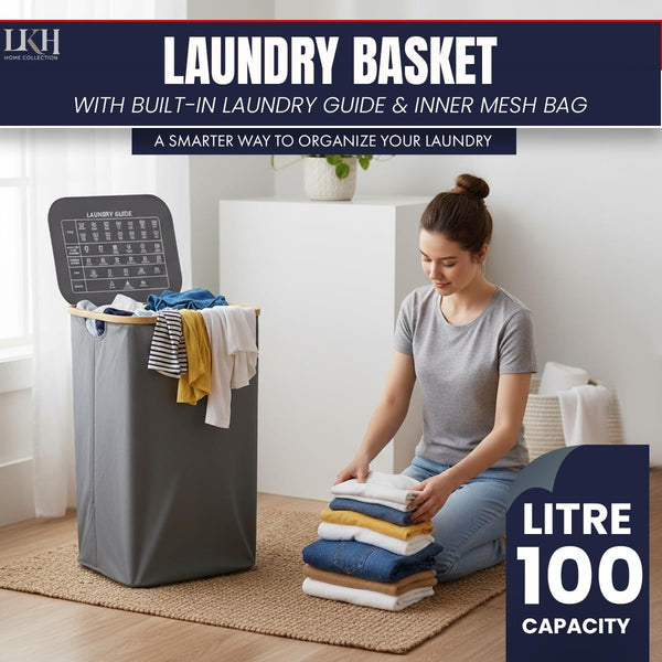 LKH Laundry Basket with Lid 100 litre | 600D Polyester Clothes Hamper for Laundry with Bamboo handles, Laundry Guide & Inner Mesh Bag | 44x33x70cm Laundry Basket Organizer for Dorm Laundry Room