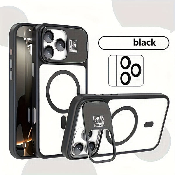Phone Case: Magnetic Foldable Invisible Bracket Phone Case with Lens Protection Film for iPhone 17 16 15 14 13 12 11 Pro Max 17Air Wireless Charging Cover Fall Resistant Protective Case