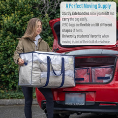 VENO 8 Pack Extra Large Moving Storage Bags with Zips, Heavy-Duty Organizer Tote, Moving Box Alternative, Packing Supply, Clothes Storage Bin, Tag Pocket for Label, Water-Resistant (Clear, 8 Pack)