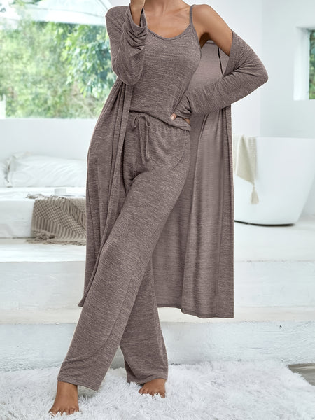 Women's casual home suit solid color mid-length cardigan solid color camisole imitation lace-up trousers three-piece suit for women