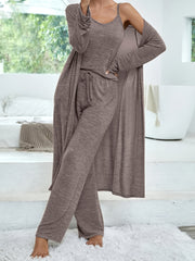 Women's casual home suit solid color mid-length cardigan solid color camisole imitation lace-up trousers three-piece suit for women
