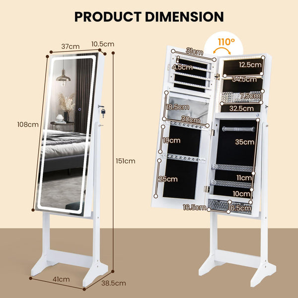 DORTALA Lockable Jewelry Armoire Standing Jewelry Cabinet W/ LED Lights, Jewelry Armoires