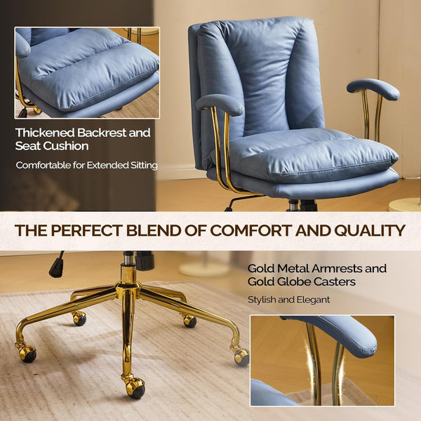 Office Chair Desk Chair with Wheels & Removable Armrests Gold Base Vanity Chair with Back Adjustable Rolling Swivel Computer Task Chair PU Leather