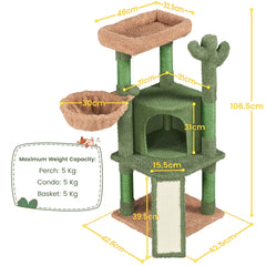 Costoffs Cat Tree, 107cm Cactus Cat Tree, Cat Furniture with Natural Sisal, Cactus Cat Tower with Platform, Condo, Basket, Scratching Posts, Board & Hanging Ball, Cat Furniture for Small/Medium Cats