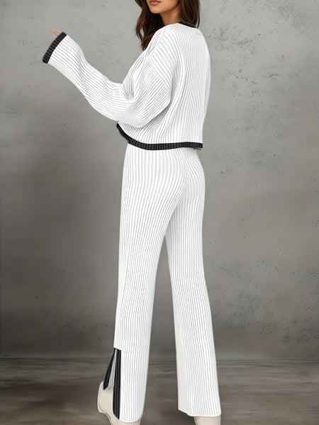 Women'S Short Color-Blocked Long-Sleeve Top with Solid Color Pants, a Casual And Stylish Outfit for Christmas