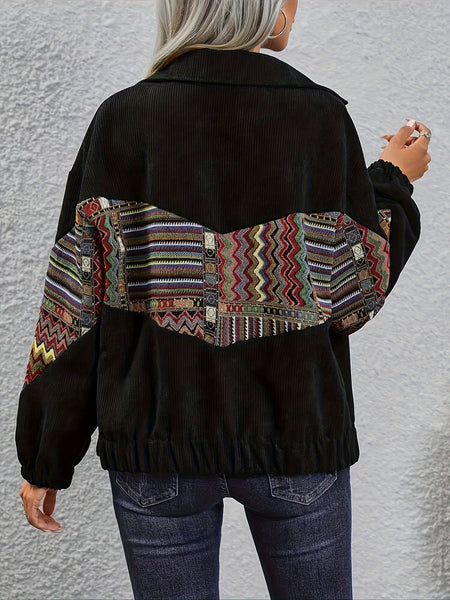 Pieced Ethnic Style Long Sleeve Flap Collar Casual Jacket for Women