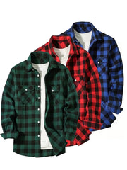 3 Men'S Plaid Shirt Top Lapel Long Sleeve Closure Men'S Casual Shirt Suitable for Men'S Daily Holiday Street Wear Casual Plaid Shirt Four Seasons Fashion Comfortable Fit Red, Blue And Black 3-Color Combination Pc Button Collar Chest Pocket