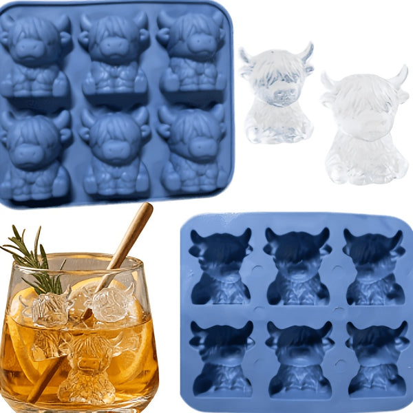 2pcs/3pcs 3D Highland Cow Ice Mold, 6-Grid Silicone Ice Mold, Highland Cow Shape Washable And Heat Resistant, Food Grade Ice Mold for Party Beverages, Foldable for Easy Ice Retrieval, Cocktails, Champagne, And Beverage Ice Grids