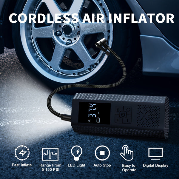 150PSI Portable Air Compressor with Tire Pressure Gauge & LED Display - 3X Faster One-Touch Smart Cordless Tire Inflator, Usb-Powered, Rechargeable Battery