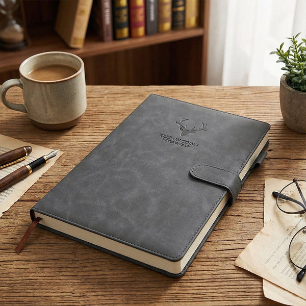 A4 Notebook with Magnetic Snap Closure, 400 Page Thick Lined Notepad in Soft Leather, Durable Business & Office Diary for Work Meetings, Professional Record Book