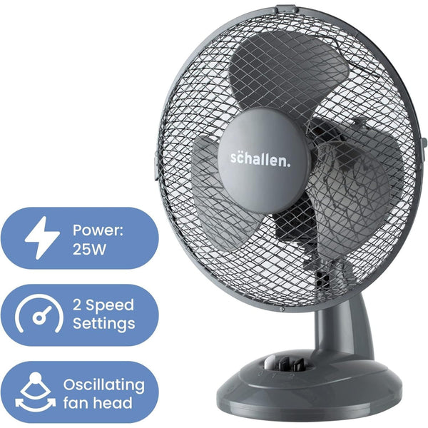 Schallen 9 Inch Portable Desk Fan Oscillating Table Fan Quiet Electric Cooling Fan 2 Speed Settings Desktop Air Circulator Home Office Bedroom Workstation Garage Small Table Fan Plastic Blade Safety Mesh Grill UK Plug Grey White or Black