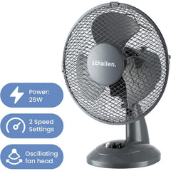Schallen 9 Inch Portable Desk Fan Oscillating Table Fan Quiet Electric Cooling Fan 2 Speed Settings Desktop Air Circulator Home Office Bedroom Workstation Garage Small Table Fan Plastic Blade Safety Mesh Grill UK Plug Grey White or Black