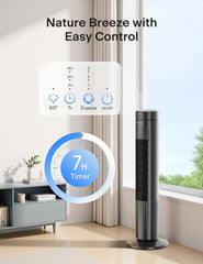 Pelonis 30-Inch Advanced Bladeless Tower Fan with Remote Control, 3 Adjustable Speeds, Ultra-Quiet Cooling, 7-Hour Programmable Timer - Perfect for Home, Office, and Bedroom Comfort