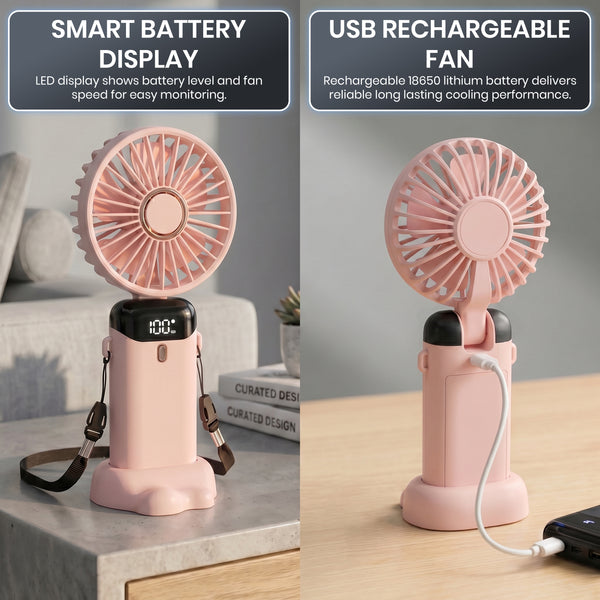 1pc Portable Handheld Fan USB Rechargeable Foldable Mini Desk Fans 5 Speeds, Personal Cooling Fan with Neck Strap for Travel, Office & Outdoor Use, Removable Cover for Easy Clean, Black, Pink, White Options 1 Pack