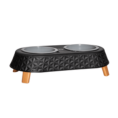 16cm x 9cm Black Plastic Raised Double Pet Bowl Feeding Station with Stand