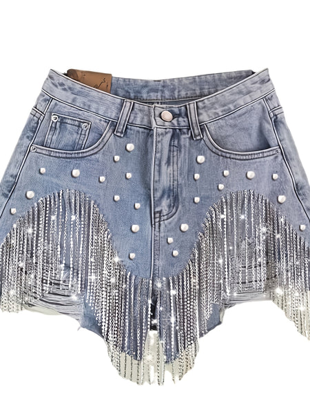 Women's High Waisted Rhinestone & Pearl Tassel Denim Shorts - Ripped Frayed Raw Hem with Sparkly Chain Fringe, Stretch Denim Hot Pants Suitable for Club Party Night Out, Machine Washable Sexy Fringe Hem Shorts