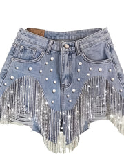 Women's High Waisted Rhinestone & Pearl Tassel Denim Shorts - Ripped Frayed Raw Hem with Sparkly Chain Fringe, Stretch Denim Hot Pants Suitable for Club Party Night Out, Machine Washable Sexy Fringe Hem Shorts