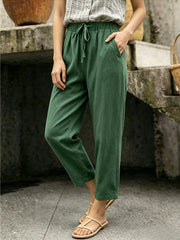 Women's Drawstring Waist Linen-Look Pants, Loose Casual Cropped Trousers with Pockets, Lightweight Summer Pants