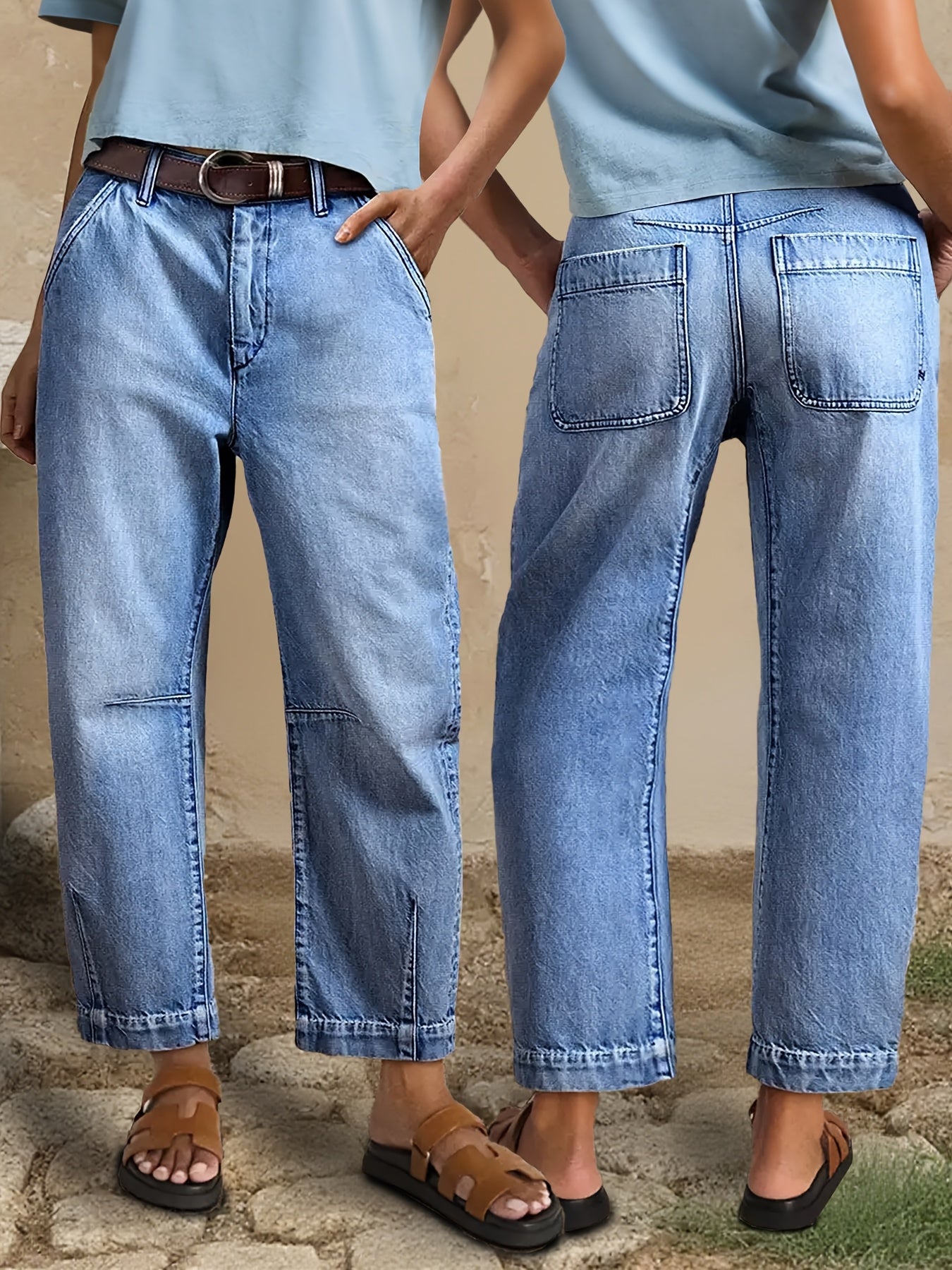 DD Women's 2026 New Stretchy Loose Cropped Jeans, Washed Blue Barrel Denim Trousers, Street Style Ladies' Outfit, Mid-waisted Pantalones with Pockets, 4 Seasons Weared Tummy Control Mom Pants Wide Leg Boyfriend Casual Pants for Travel Work and Office